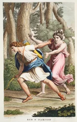 Echo en Narcissus of Eco e Narciso, Boek III, illustratie uit Ovidius